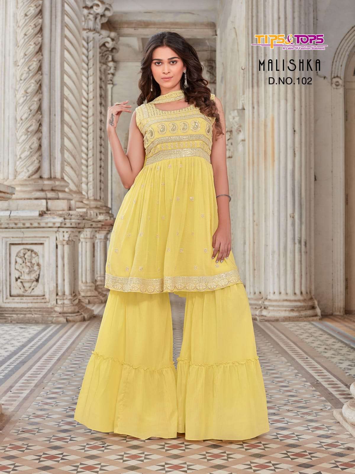 Tips And Tops-malishka-fabrics-georgette-embroidery-work-kurti- With-inner- Sequecne -fancy-side Zip-pant- Premium Georgette-dupatta-102
